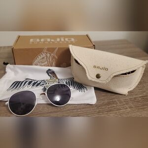 Bajio Women's Round Sunglasses in White Frame Black Lenses Natural Canvas Case